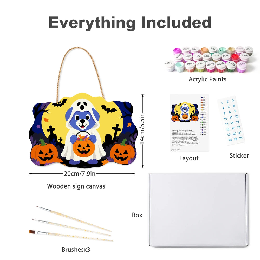 Paint by Numbers - Wooden Door Hanger | Ghost Puppy with a Candy Bucket