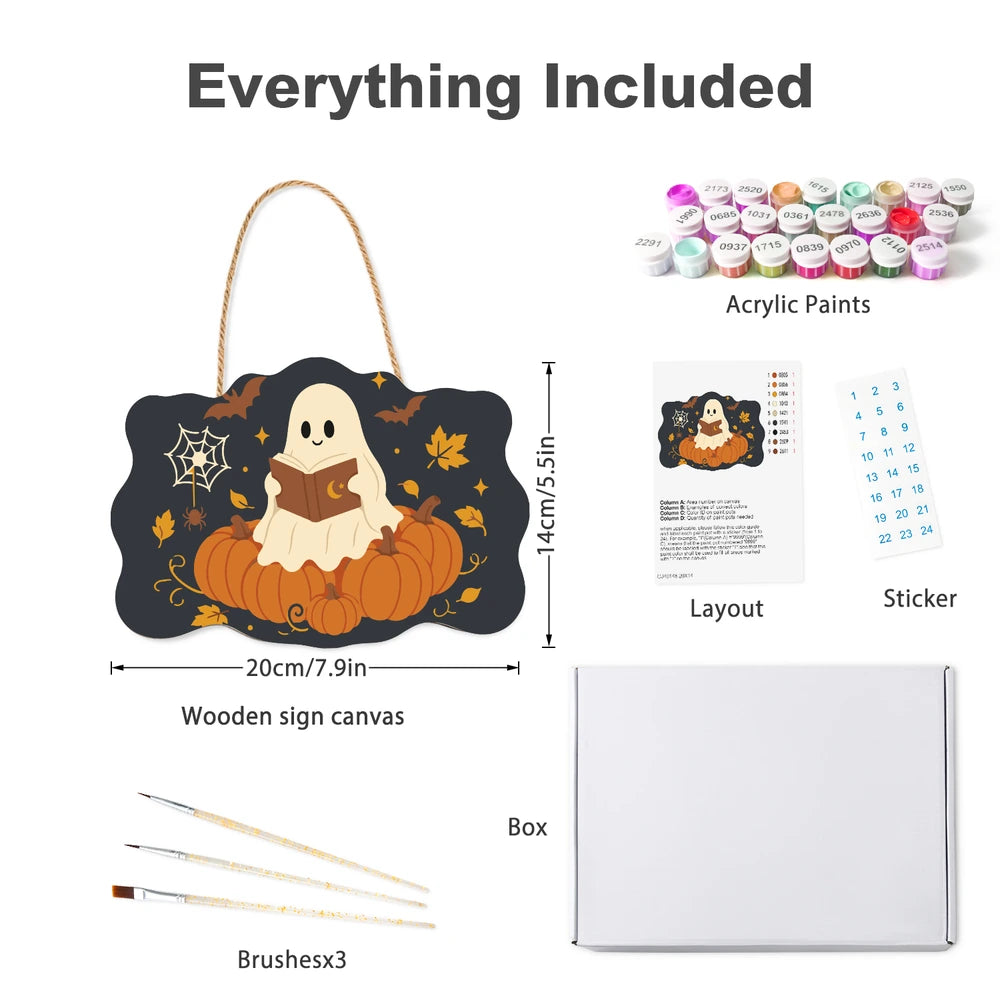 Paint by Numbers - Wooden Door Hanger | Ghost Reading on a Pumpkin