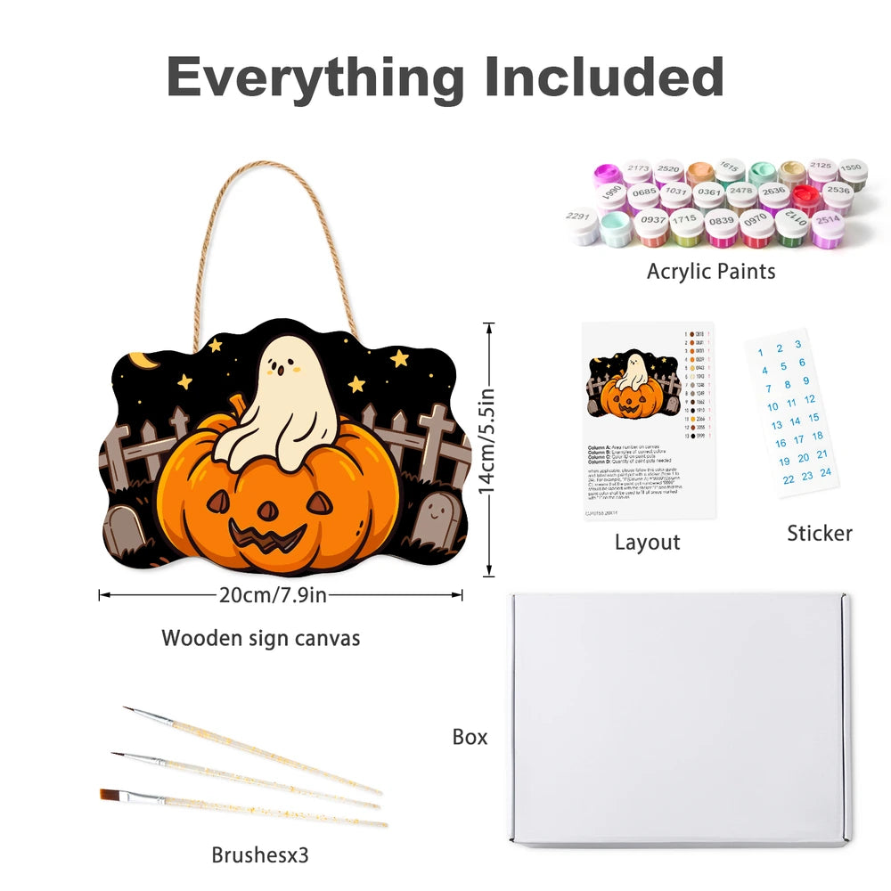 Paint by Numbers - Wooden Door Hanger | Ghost on a Jack-o'-Lantern in the Graveyard