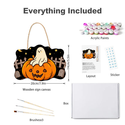 Paint by Numbers - Wooden Door Hanger | Ghost on a Jack-o'-Lantern in the Graveyard