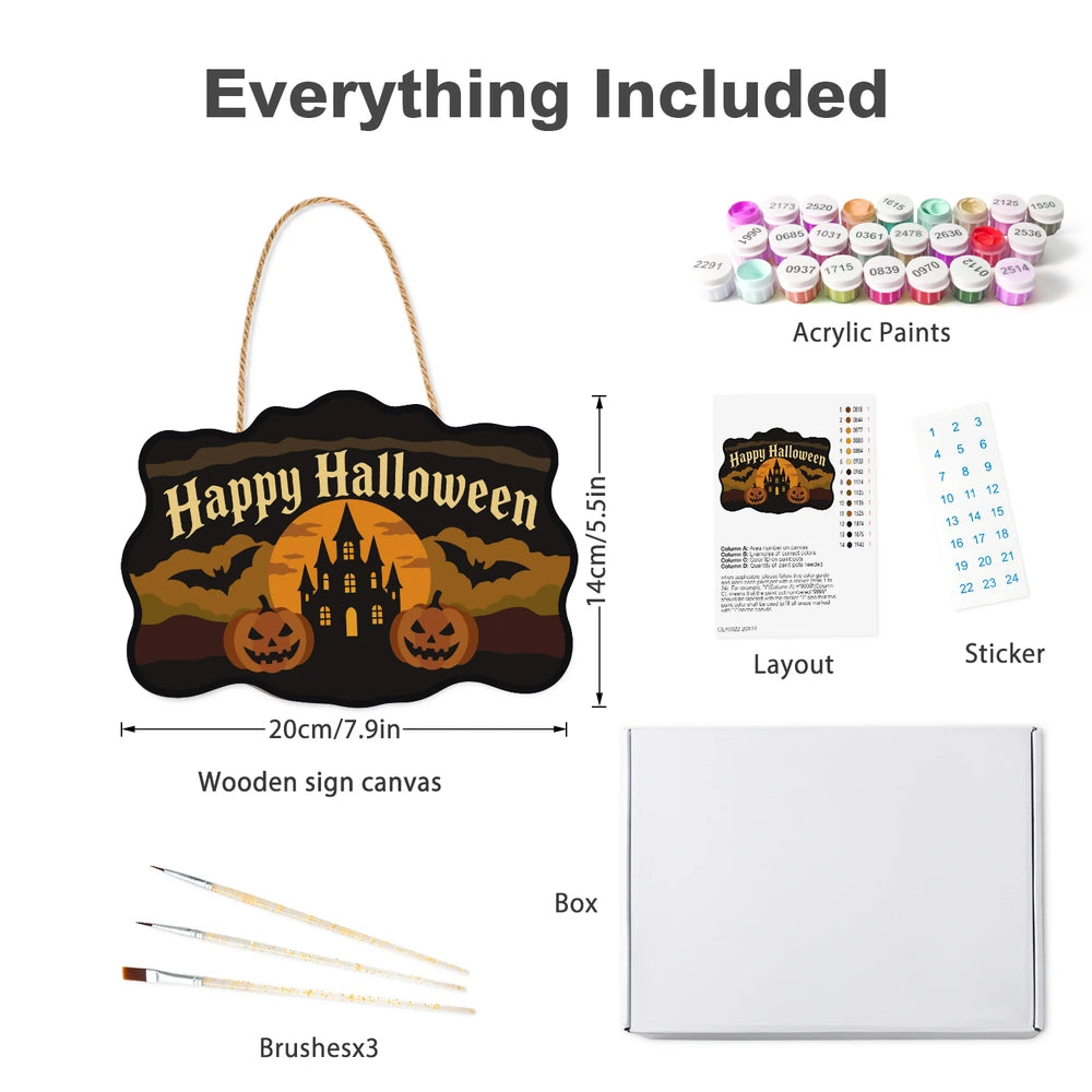 Paint by Numbers - Wooden Door Hanger | Happy Halloween Castle and Pumpkins