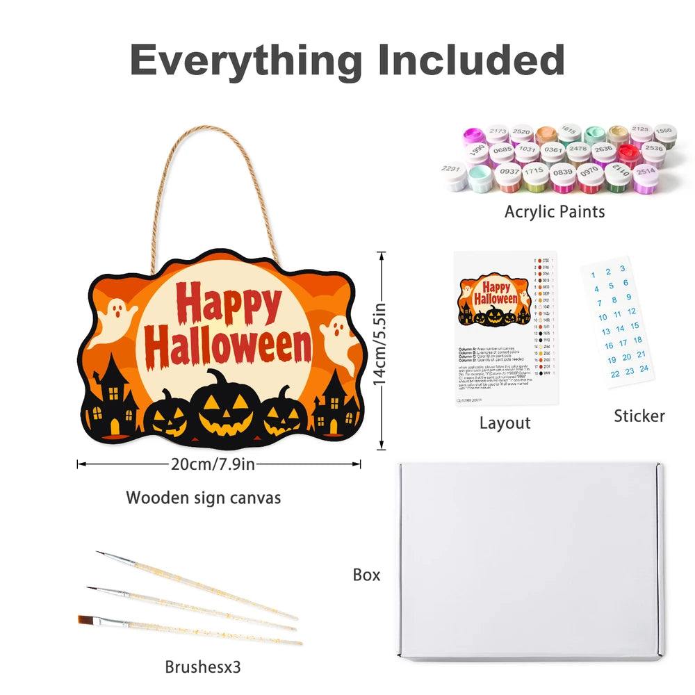 Paint by Numbers - Wooden Door Hanger | Happy Halloween Ghosts Over the Town