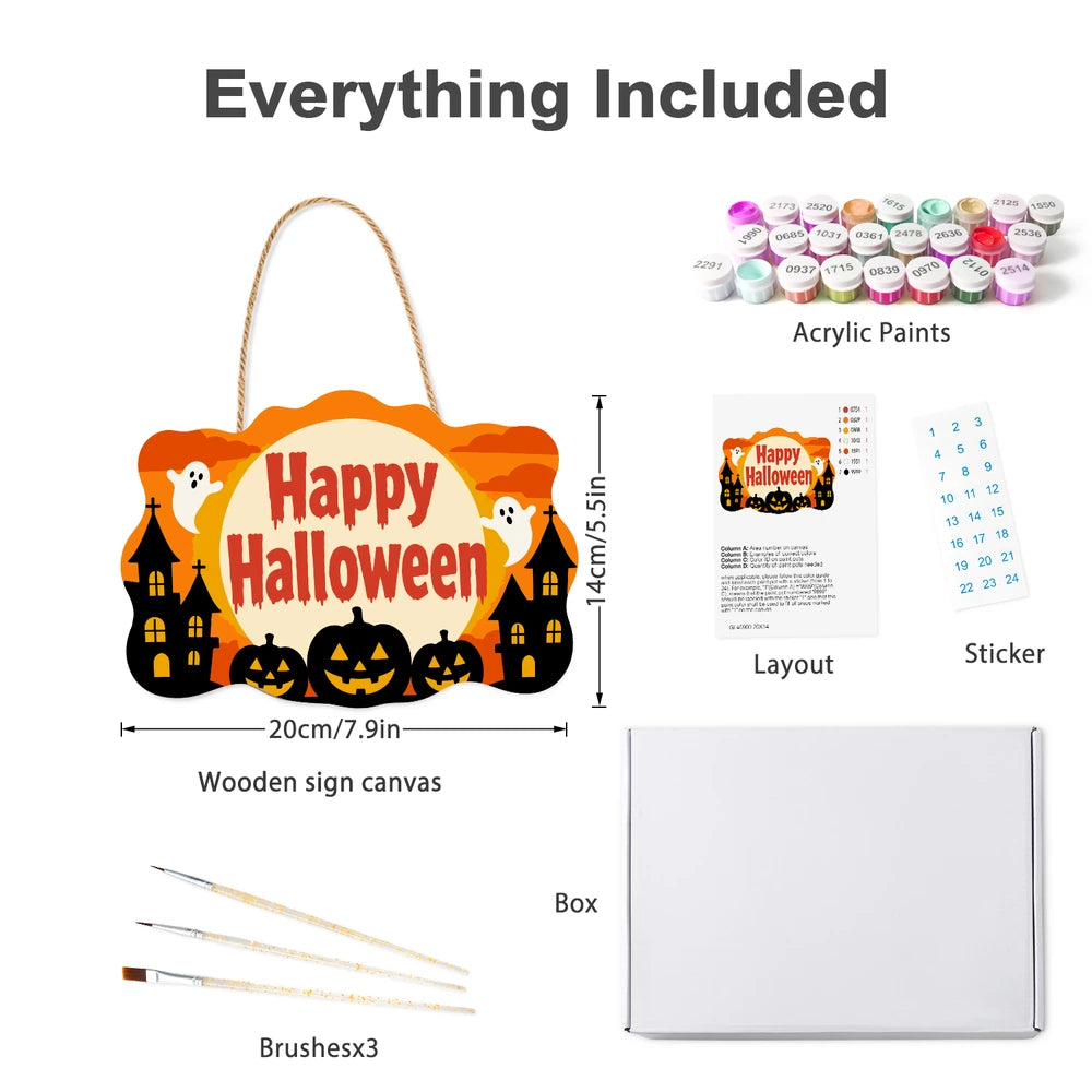 
Paint by Numbers - Wooden Door Hanger | Happy Halloween Ghosts and Pumpkins