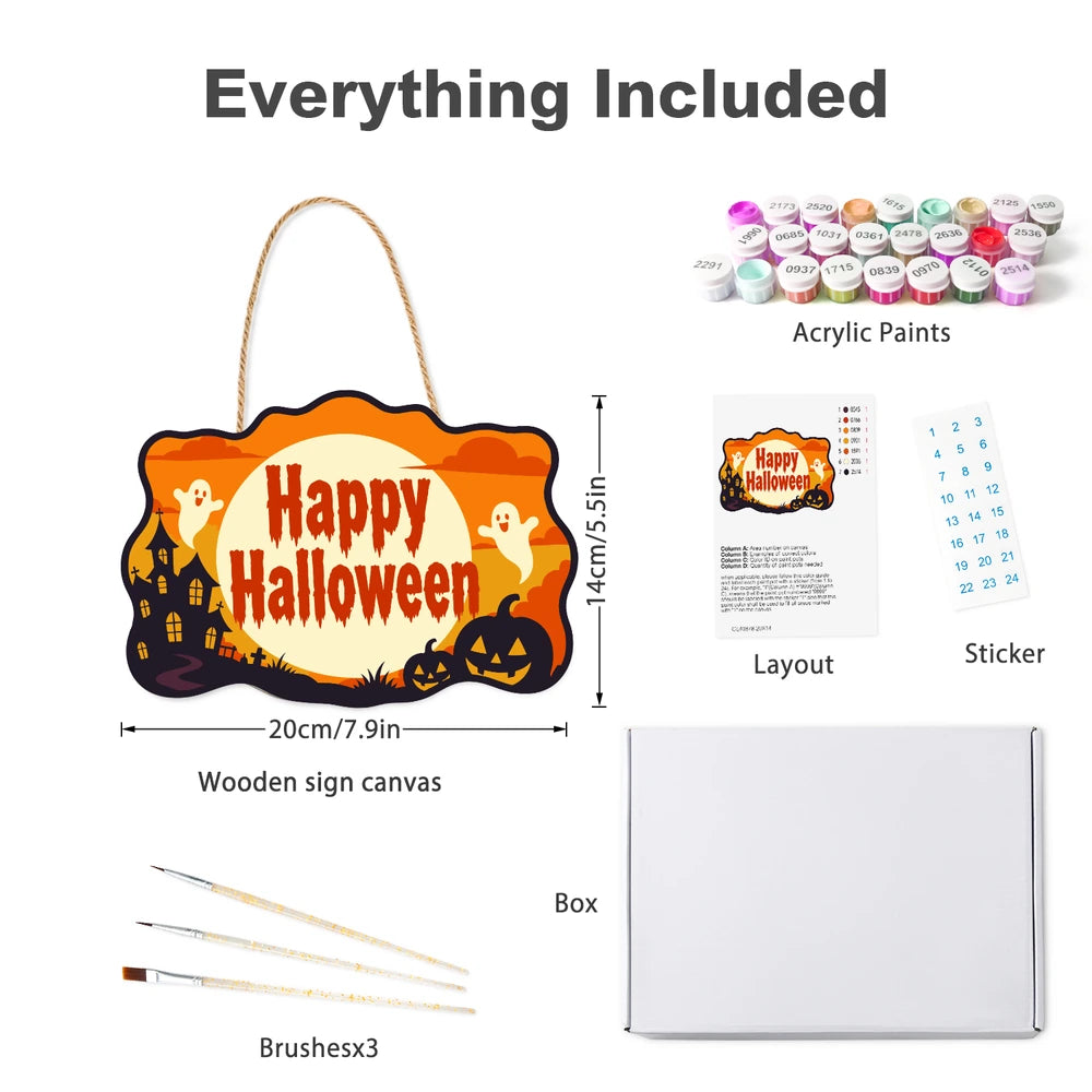 Paint by Numbers - Wooden Door Hanger | Happy Halloween Ghosts in the Moon