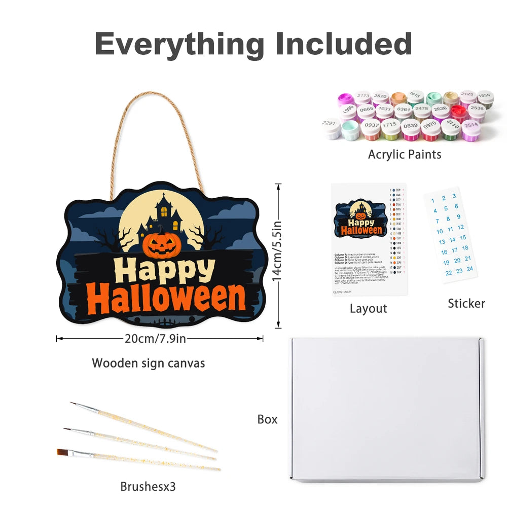 
Paint by Numbers - Wooden Door Hanger | Happy Halloween Haunted House Sign