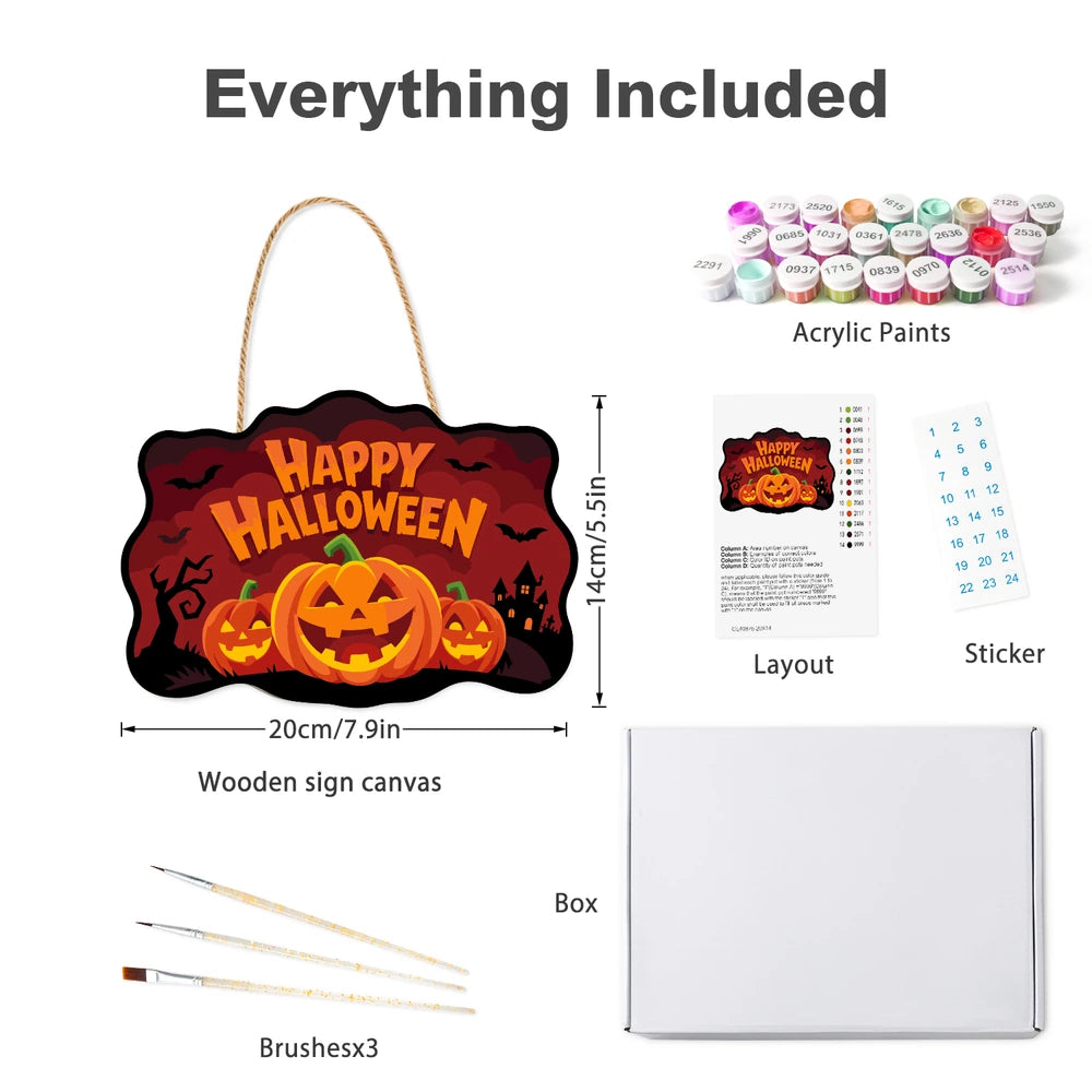 Paint by Numbers - Wooden Door Hanger | Happy Halloween Pumpkin Trio at Night