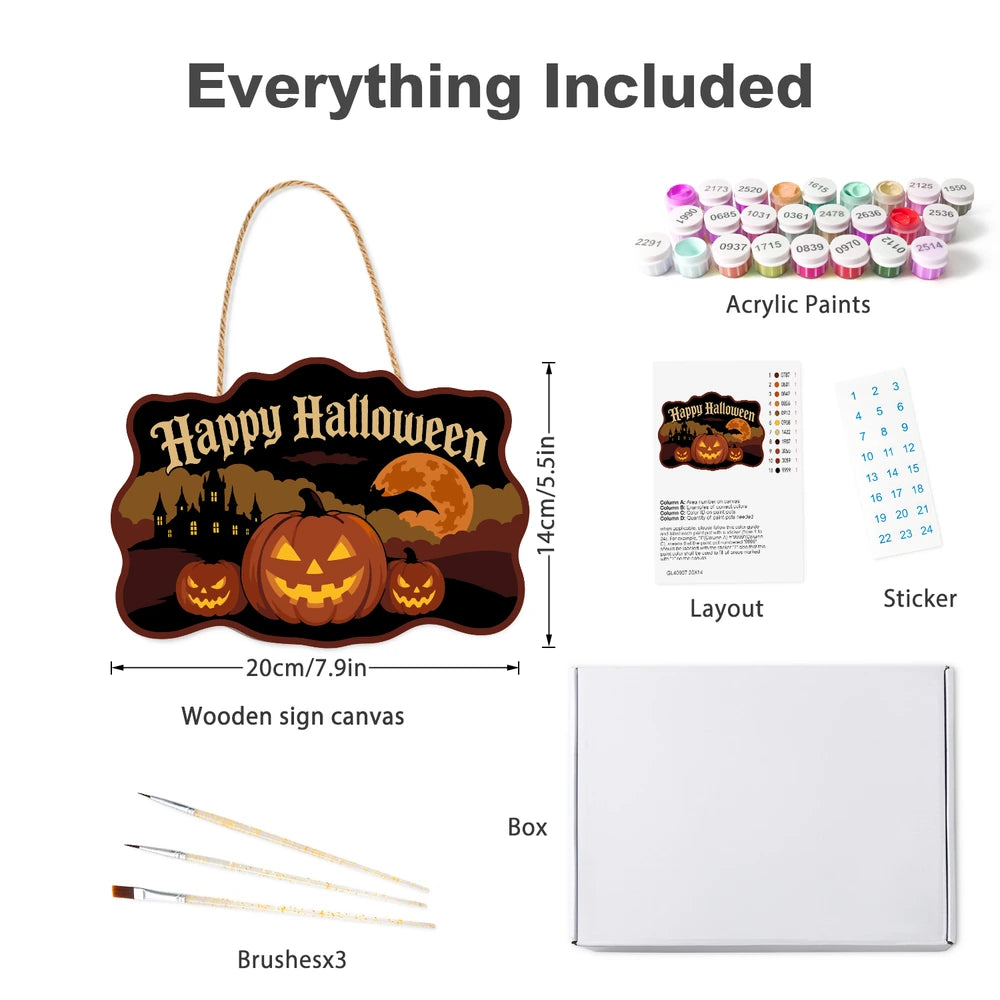 Paint by Numbers - Wooden Door Hanger | Happy Halloween Pumpkins and Castle