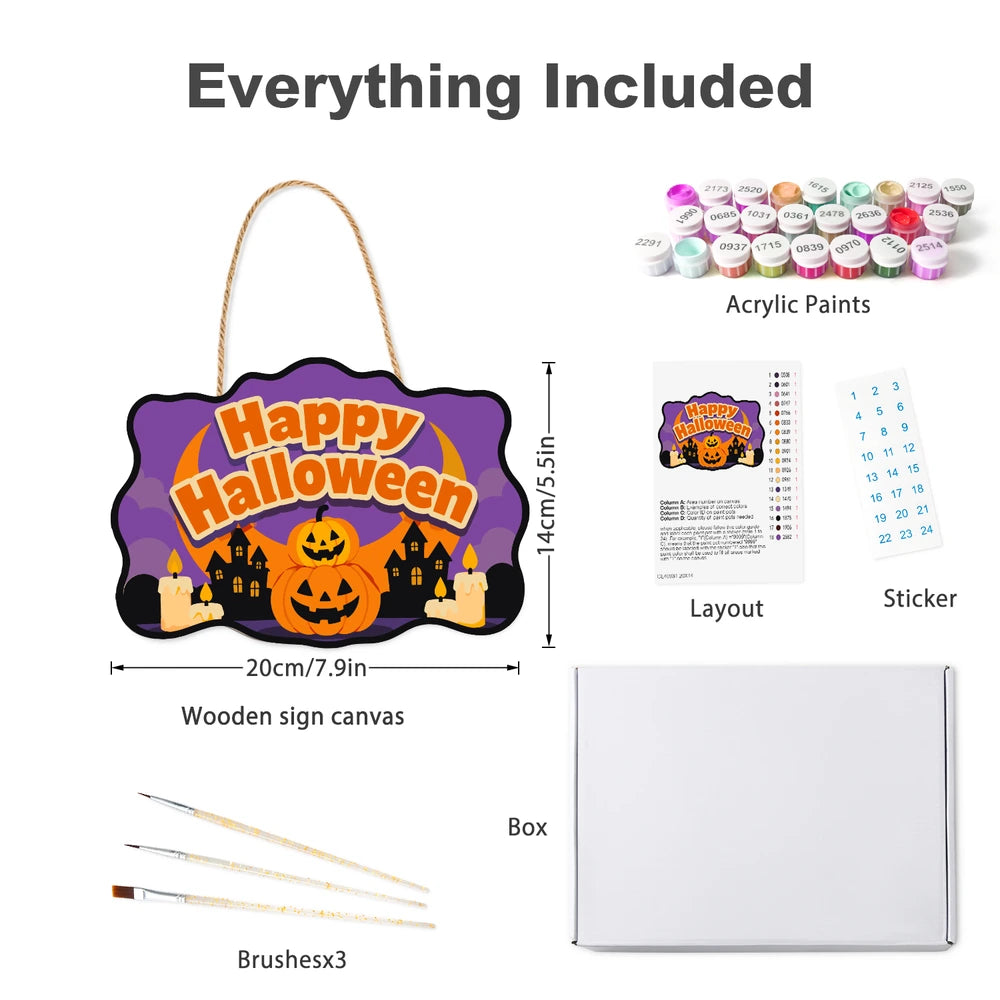 Paint by Numbers - Wooden Door Hanger | Happy Halloween Pumpkins and Haunted Houses