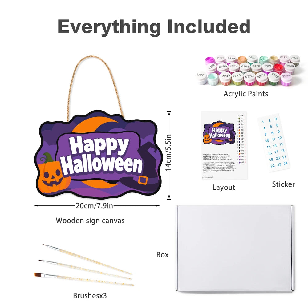 Paint by Numbers - Wooden Door Hanger | Happy Halloween Purple Pumpkin