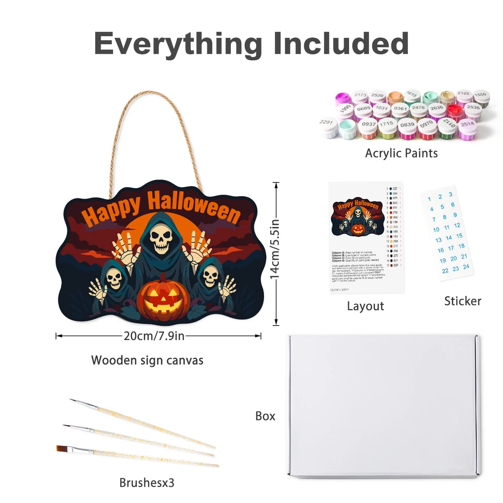 Paint by Numbers - Wooden Door Hanger | Happy Halloween Reaper Trio