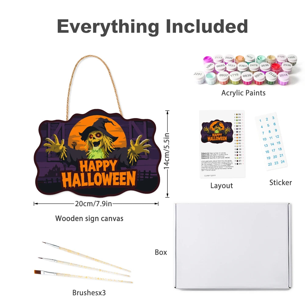 Paint by Numbers - Wooden Door Hanger | Happy Halloween Scarecrow at Night