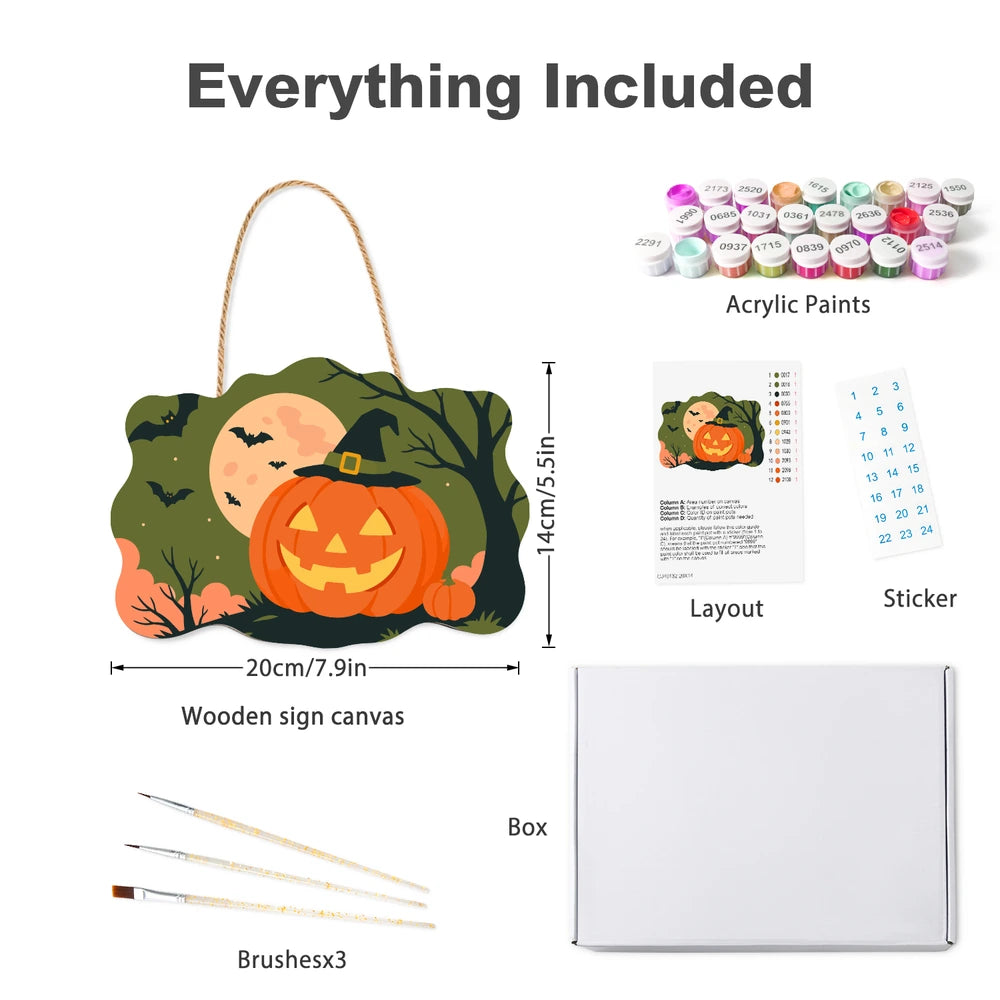 
Paint by Numbers - Wooden Door Hanger | Jack-o'-Lantern in a Witch Hat