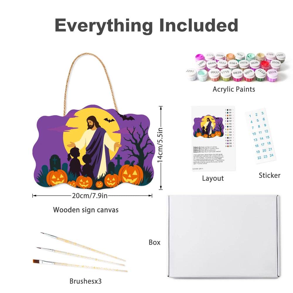 Paint by Numbers - Wooden Door Hanger | Jesus Blessing the Children at Halloween
