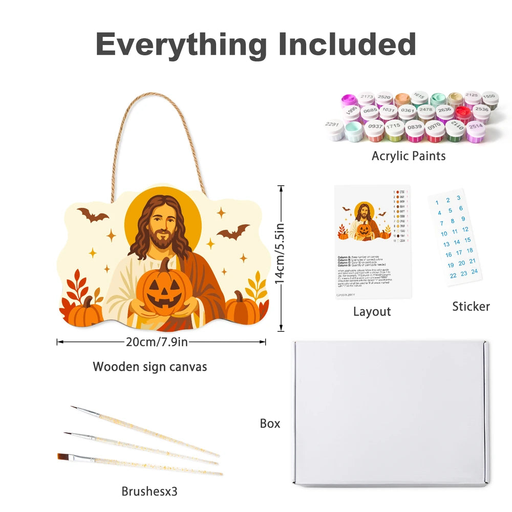 Paint by Numbers - Wooden Door Hanger | Jesus with a Jack-o'-Lantern in Autumn
