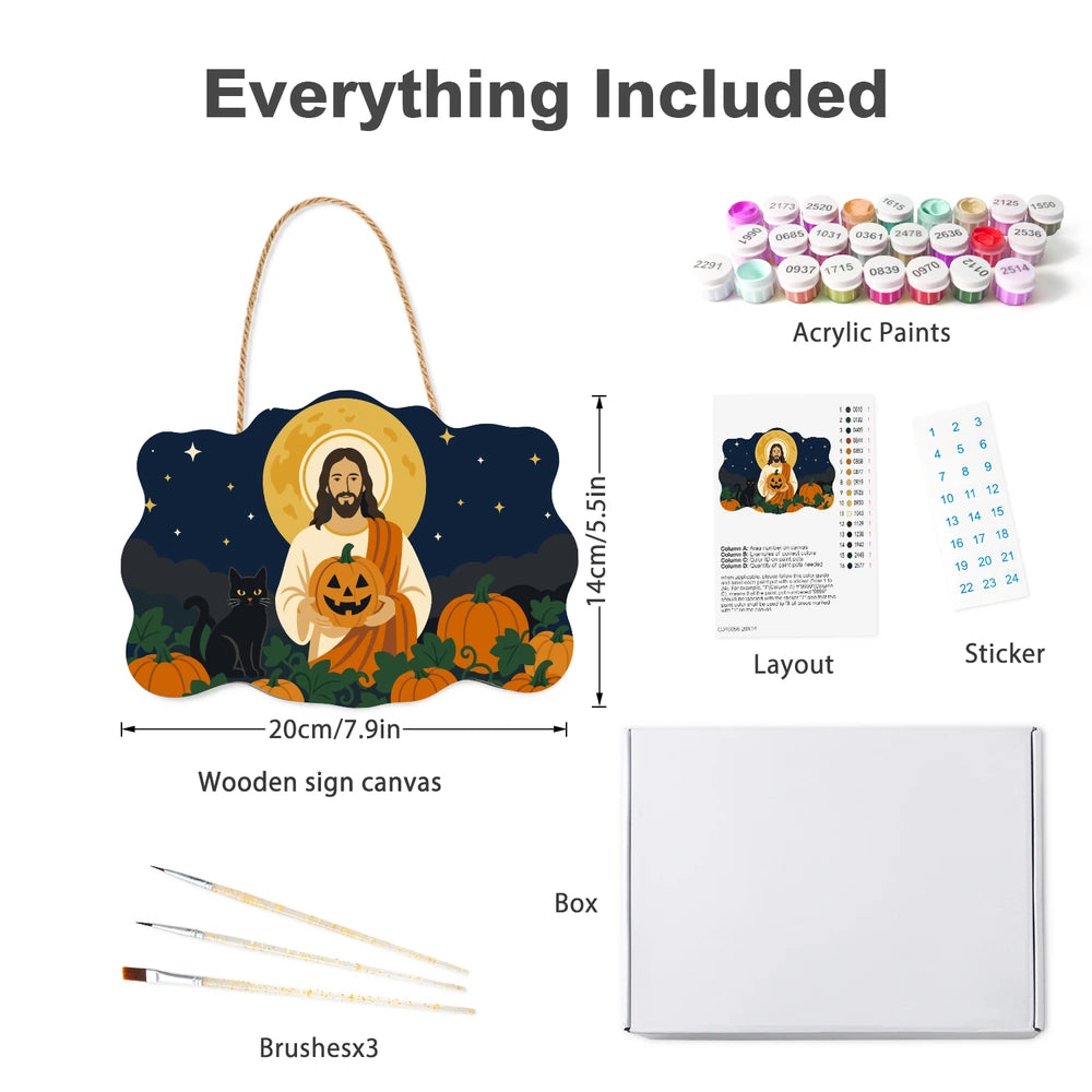 Paint by Numbers - Wooden Door Hanger | Jesus with a Pumpkin and Black Cat