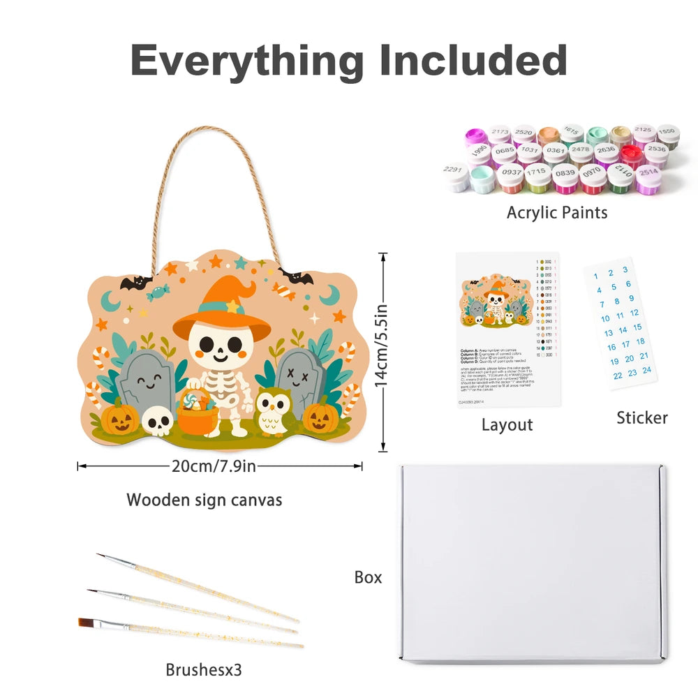
Paint by Numbers - Wooden Door Hanger | Little Skeleton with a Candy Bucket