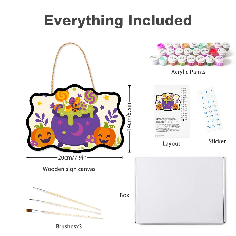 Paint by Numbers - Wooden Door Hanger | Lollipop Cauldron with Pumpkins