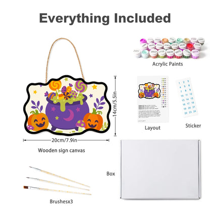 Paint by Numbers - Wooden Door Hanger | Lollipop Cauldron with Pumpkins