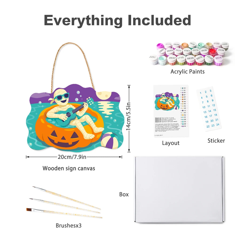 
Paint by Numbers - Wooden Door Hanger | Mummy Playing Ukulele on a Pumpkin Float