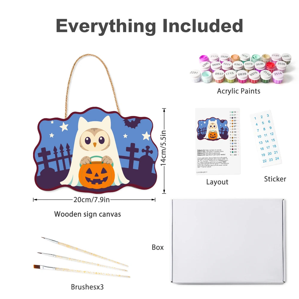 Paint by Numbers - Wooden Door Hanger | Owl Ghost with a Pumpkin