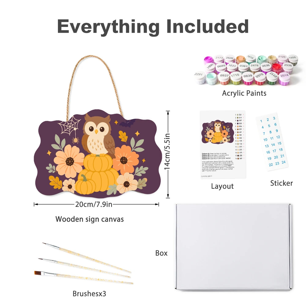 Paint by Numbers - Wooden Door Hanger | Owl on Pumpkins with Flowers