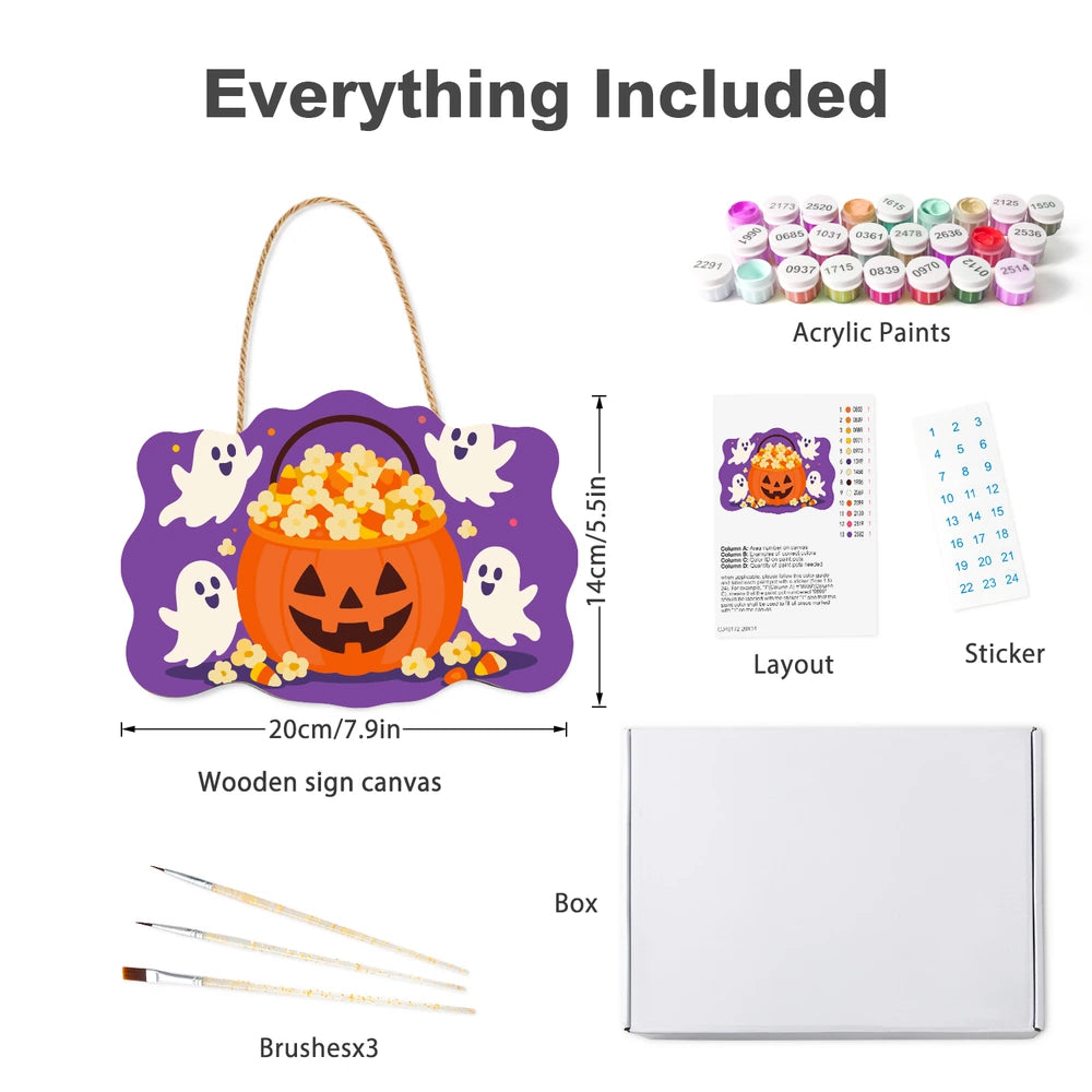 Paint by Numbers - Wooden Door Hanger | Popcorn Pumpkin Bucket with Ghosts