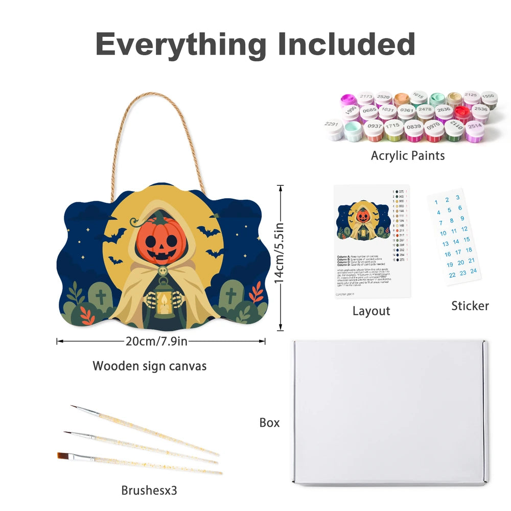 Paint by Numbers - Wooden Door Hanger | Pumpkin Reaper with a Lantern