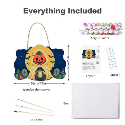 Paint by Numbers - Wooden Door Hanger | Pumpkin Reaper with a Lantern