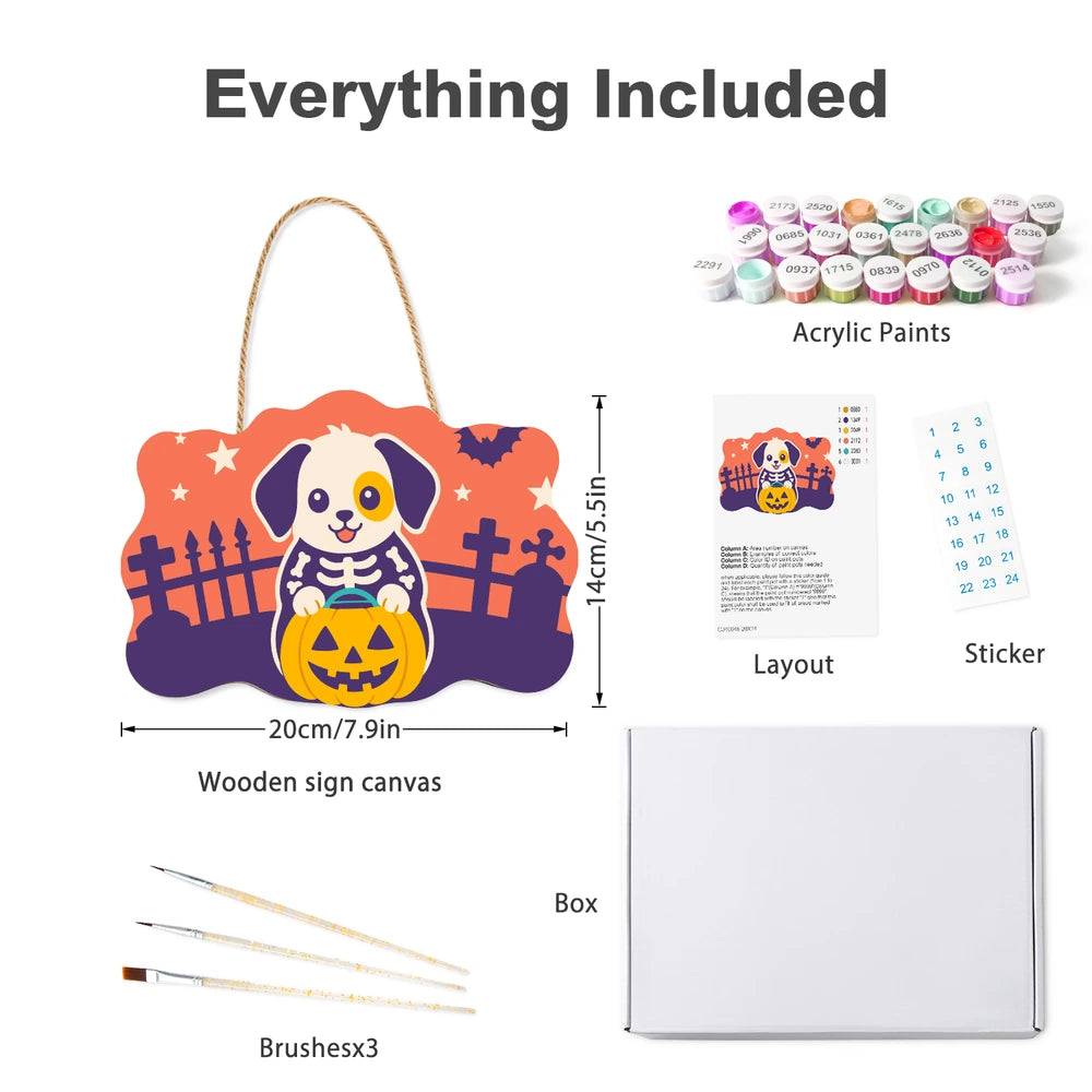 Paint by Numbers - Wooden Door Hanger | Skeleton Puppy with a Pumpkin
