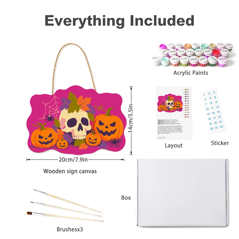 Paint by Numbers - Wooden Door Hanger | Skull with Autumn Leaves and Pumpkins