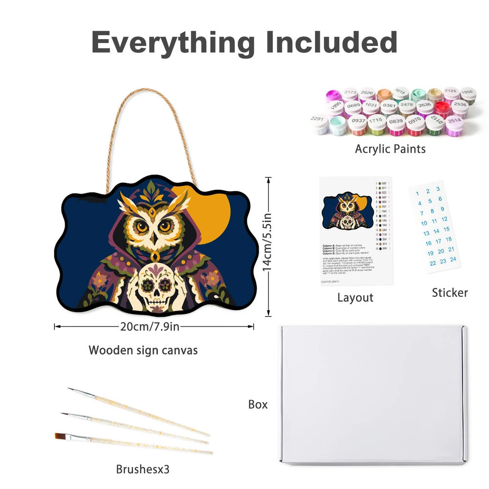 Paint by Numbers - Wooden Door Hanger | Sugar Skull Owl in a Hood