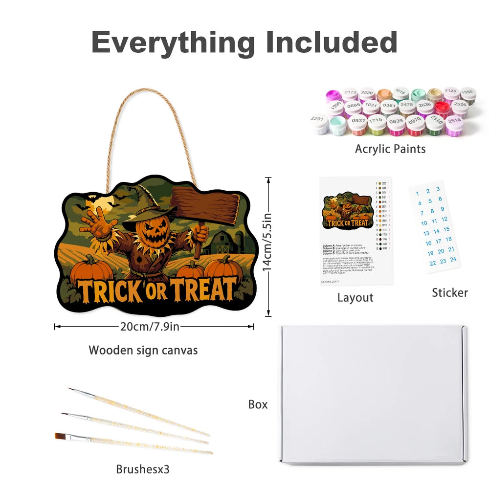 Paint by Numbers - Wooden Door Hanger | Trick or Treat Scarecrow with a Sign