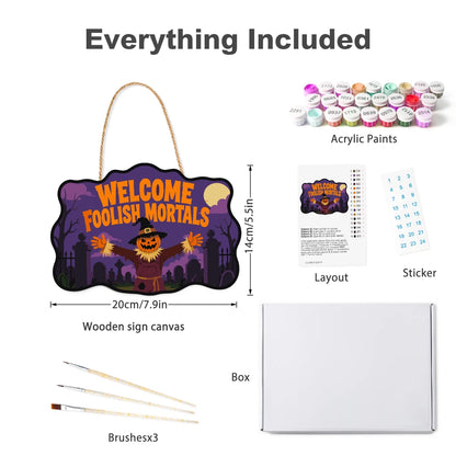 Paint by Numbers - Wooden Door Hanger | Welcome Foolish Mortals Pumpkin Scarecrow
