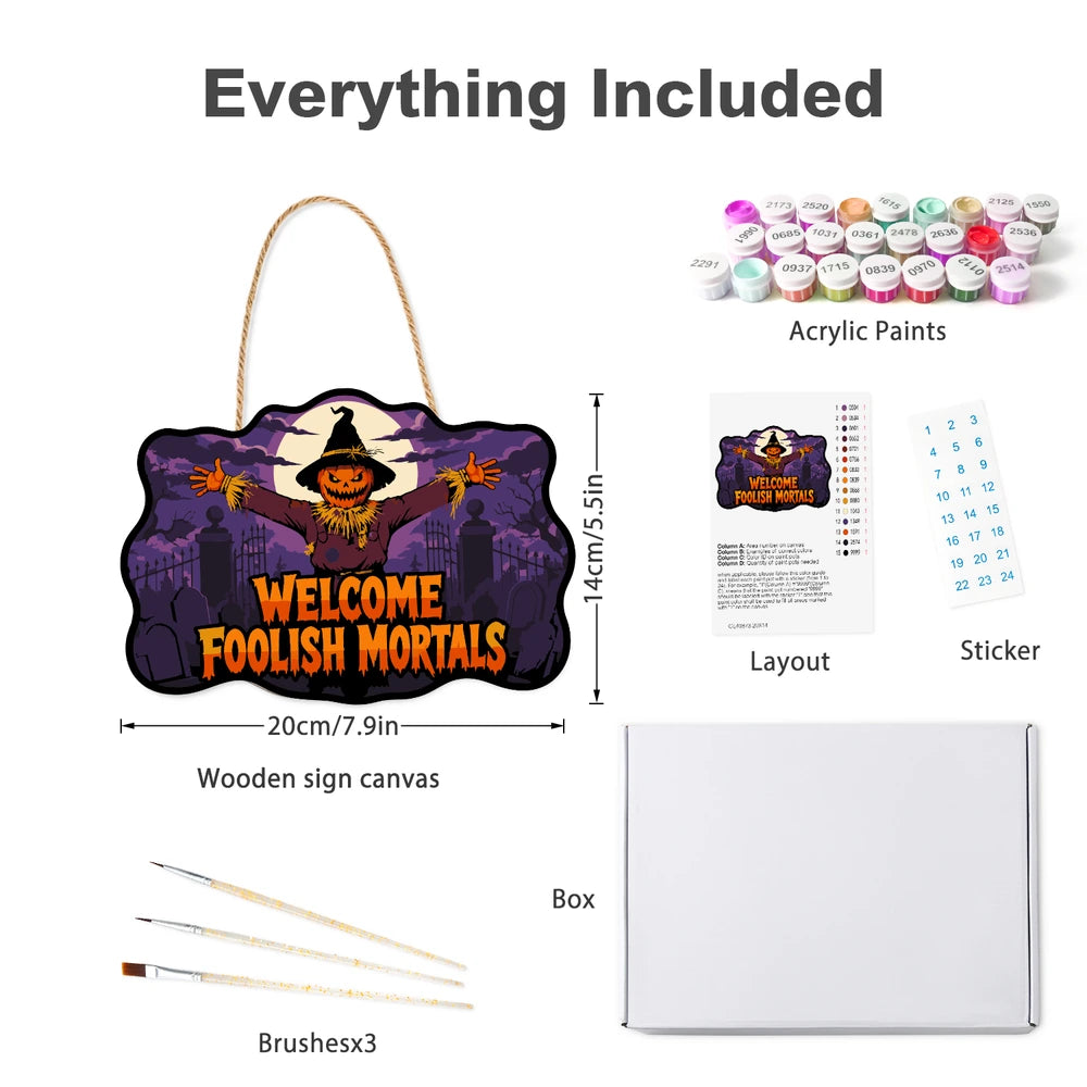 Paint by Numbers - Wooden Door Hanger | Welcome Foolish Mortals Scarecrow at the Gate