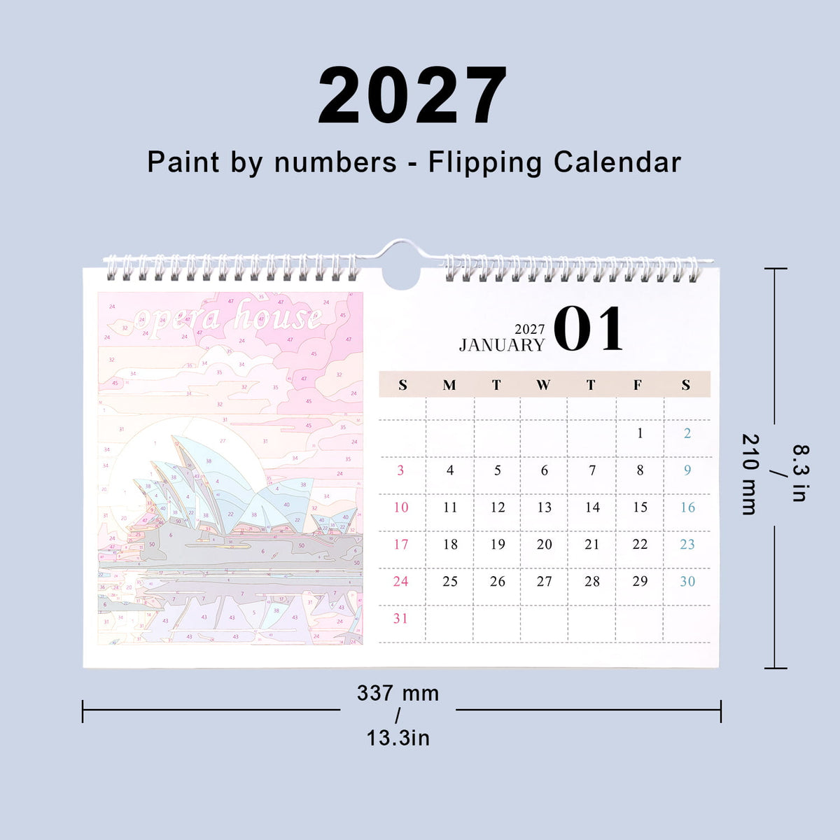 
A 2027 flipping calendar desk planner shown with dimension labels on a light blue background. The calendar page features a pastel pink Sydney house illustration on the left and a January 2027 calendar grid on the right.