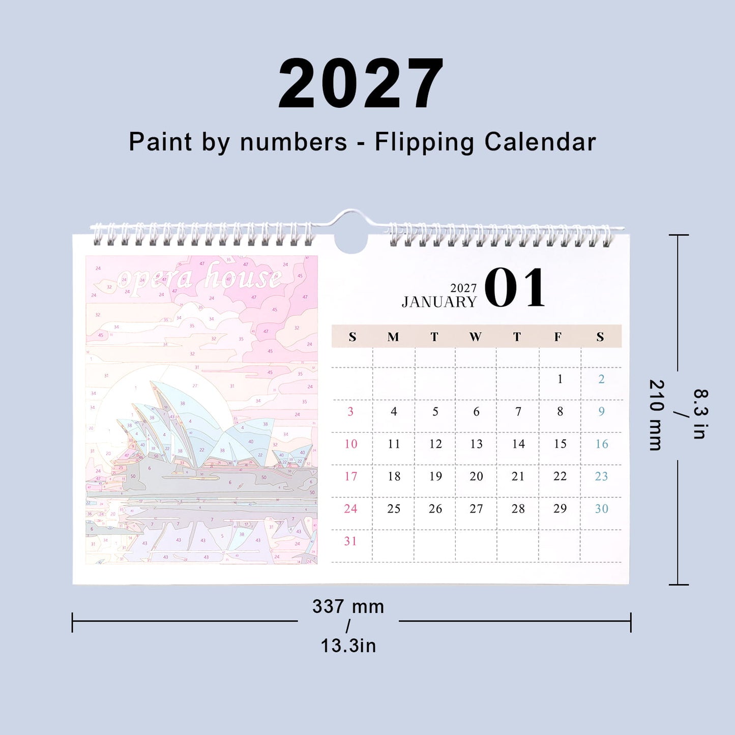 A 2027 flipping calendar desk planner shown with dimension labels on a light blue background. The calendar page features a pastel pink Sydney house illustration on the left and a January 2027 calendar grid on the right.