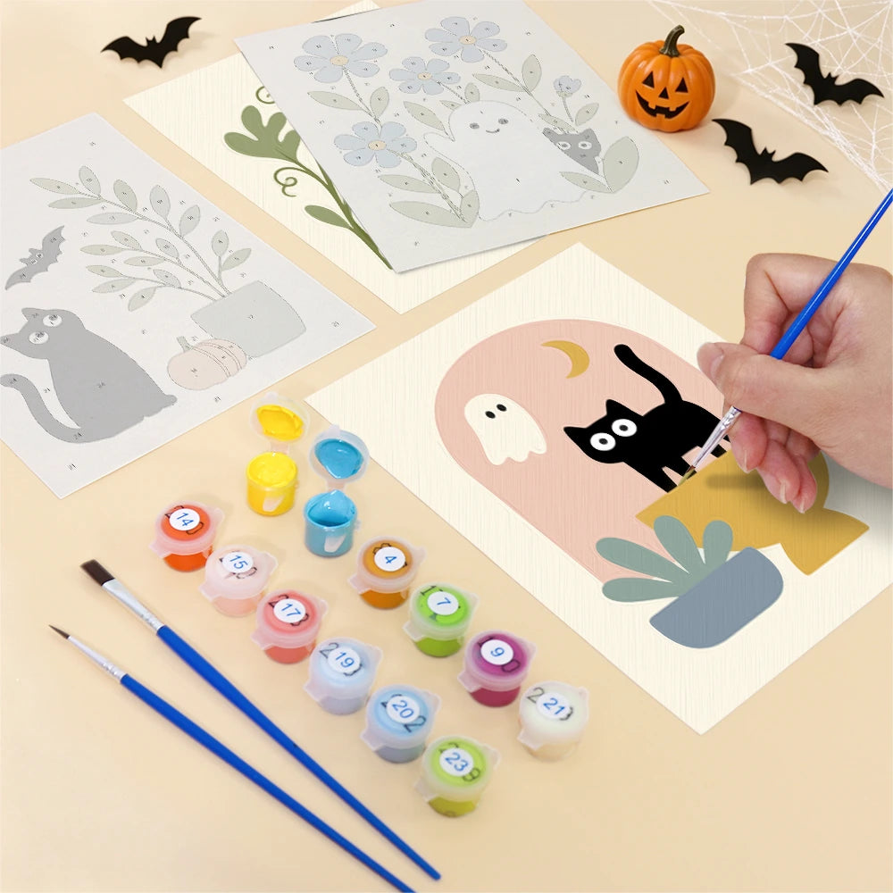 Paint by Numbers – 6 Mini Paintings | Black Cats Among Wildflowers Set
