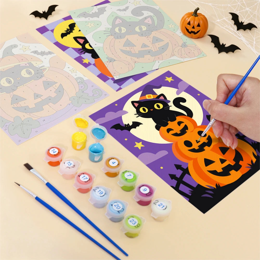 Paint by Numbers – 6 Mini Paintings | Black Cats on Jack-o'-Lanterns Set