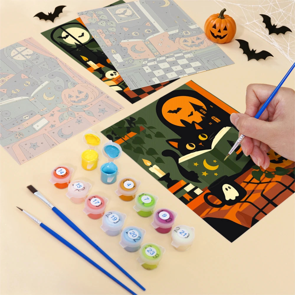 Paint by Numbers – 6 Mini Paintings | Black Cats with Spell Books Set