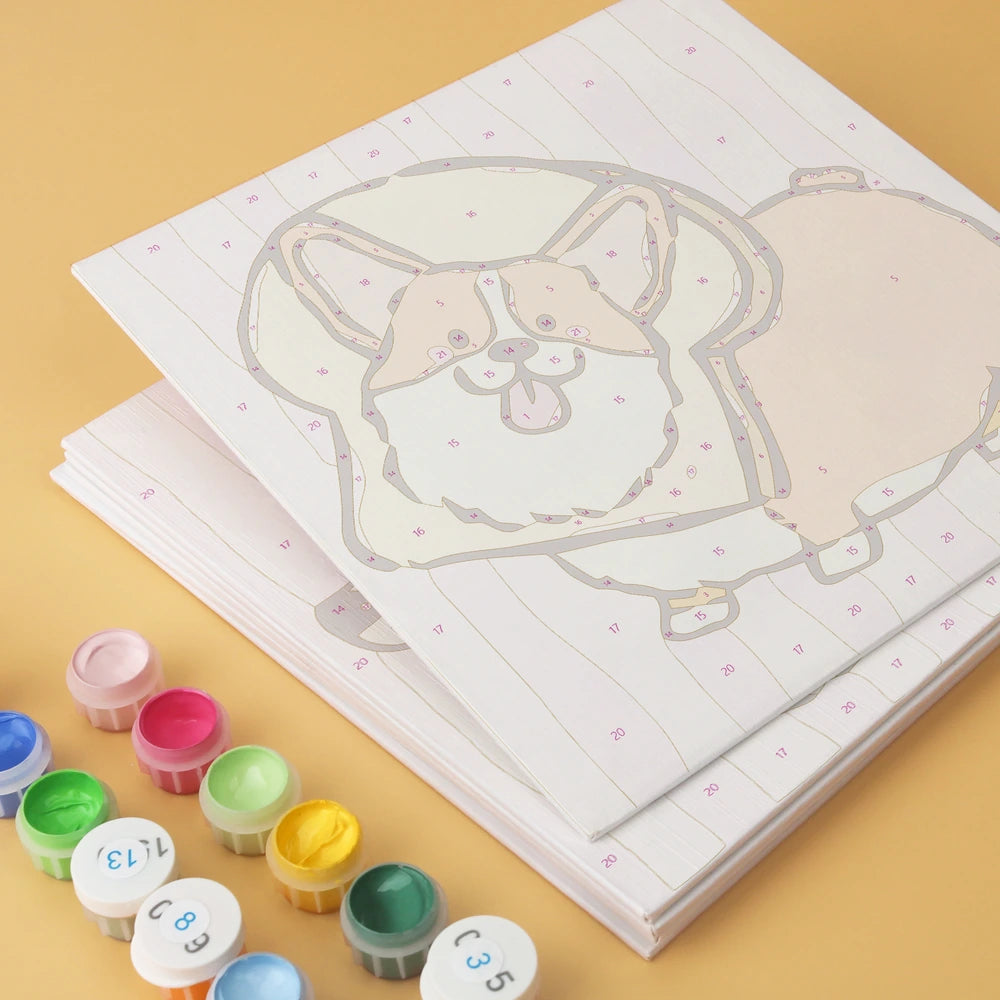 Paint by Numbers – 6 Mini Paintings | Corgi Bread Bakery (Square)