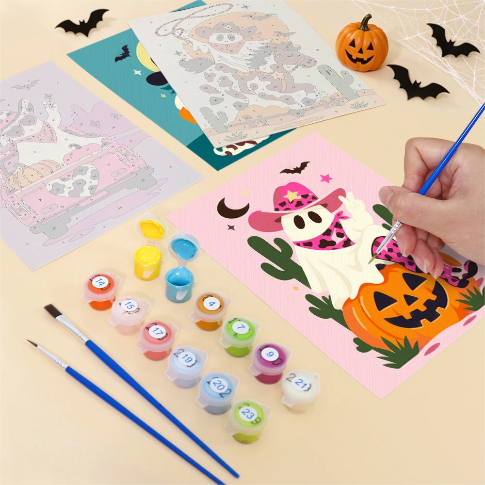 Paint by Numbers – 6 Mini Paintings | Cowboy Ghosts and Pumpkins Set