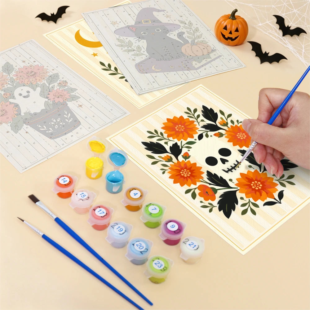 
Paint by Numbers – 6 Mini Paintings | Floral Halloween Cats and Pumpkins Set