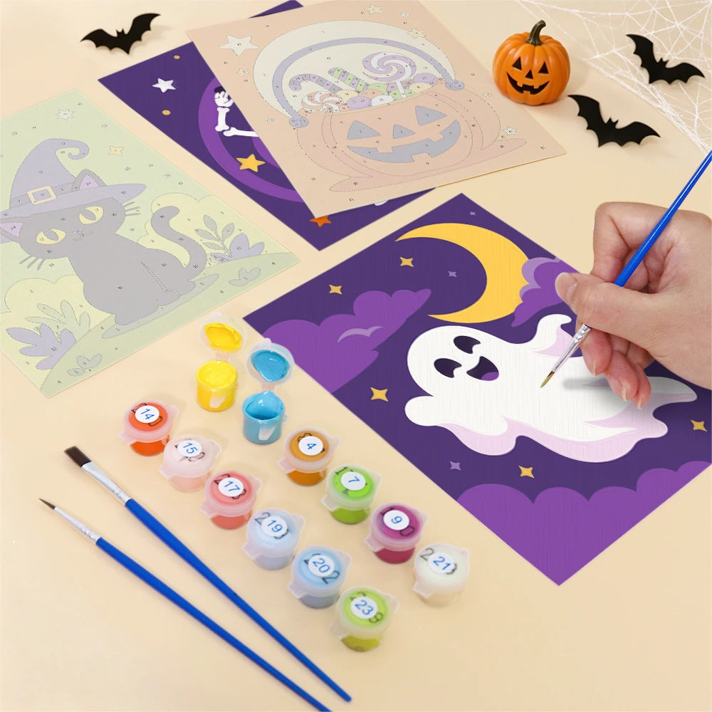 Paint by Numbers – 6 Mini Paintings | Owl, Cat and Dancing Skeleton Set