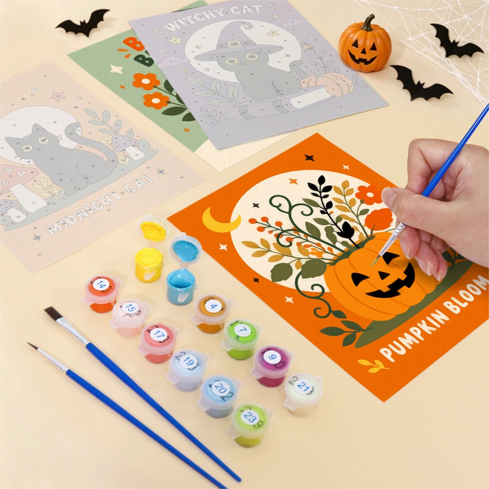 
Paint by Numbers – 6 Mini Paintings | Pumpkin Bloom Cats and Ghosts Set