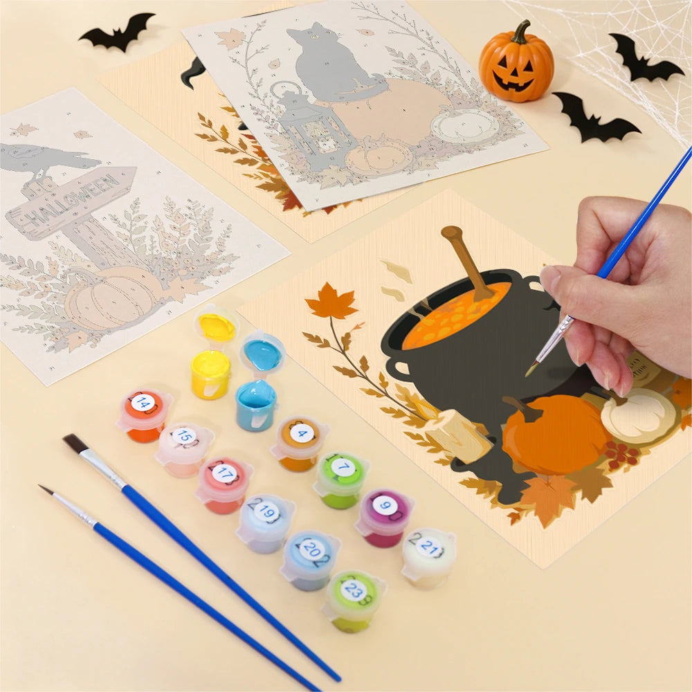 Paint by Numbers – 6 Mini Paintings | Rustic Autumn Halloween Set