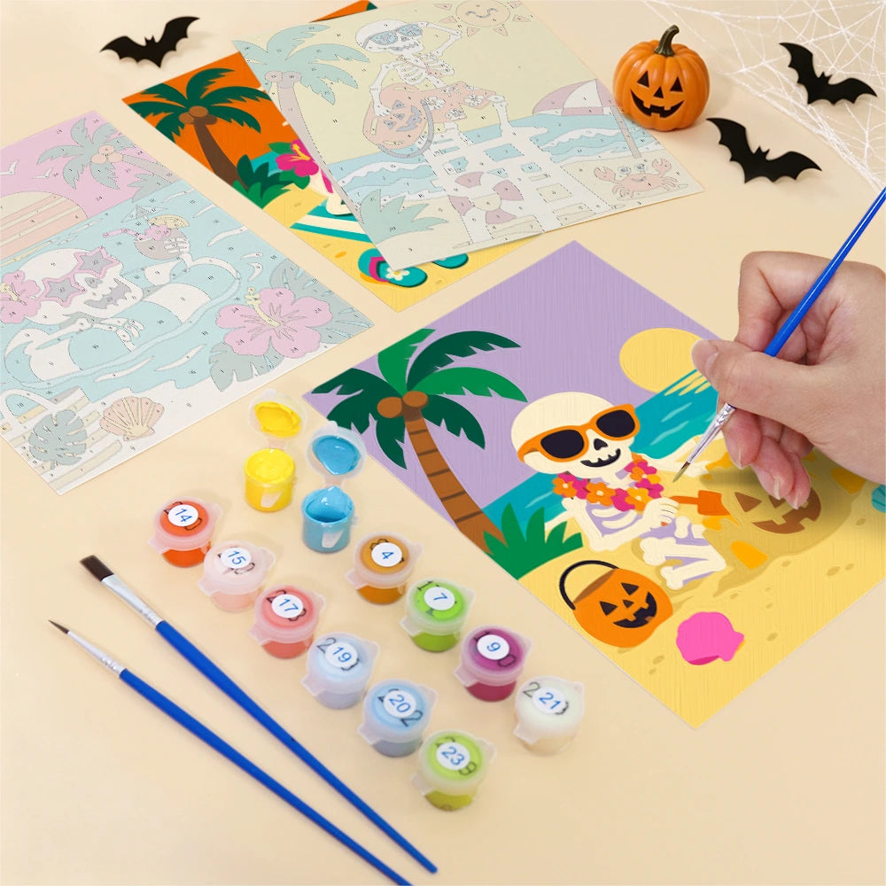 Paint by Numbers – 6 Mini Paintings | Skeletons on Summer Vacation Set