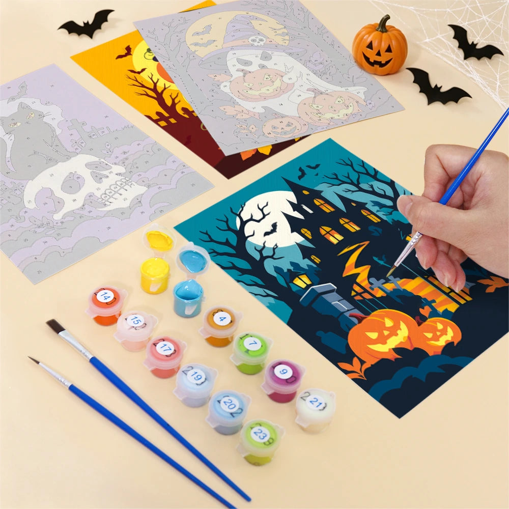 Paint by Numbers – 6 Mini Paintings | Skulls and Pumpkins by Moonlight Set