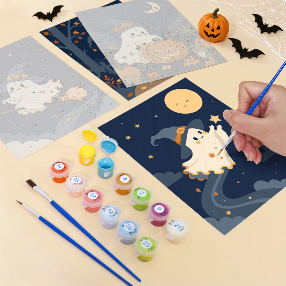 Paint by Numbers – 6 Mini Paintings | Witch Hat Ghosts at Night Set