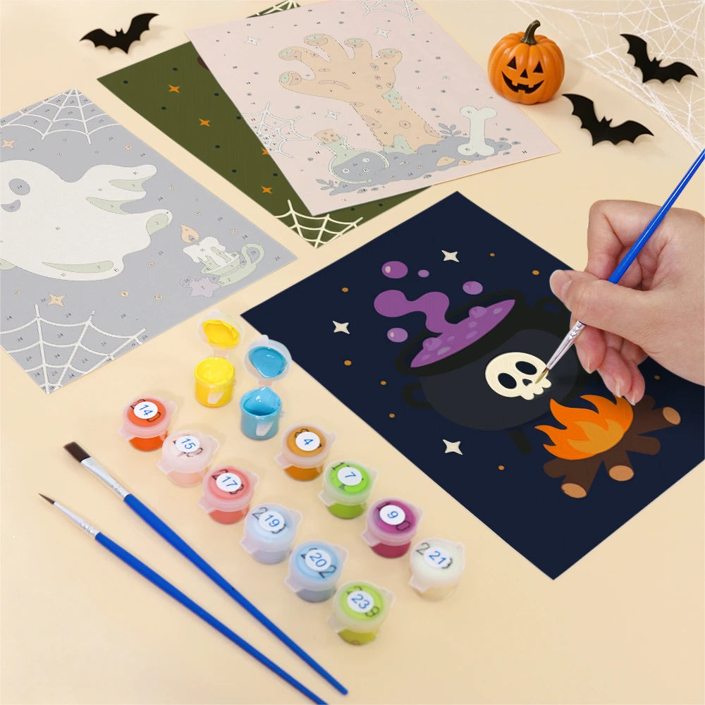 
Paint by Numbers – 6 Mini Paintings | Witch Hat Skull and Broomstick Set