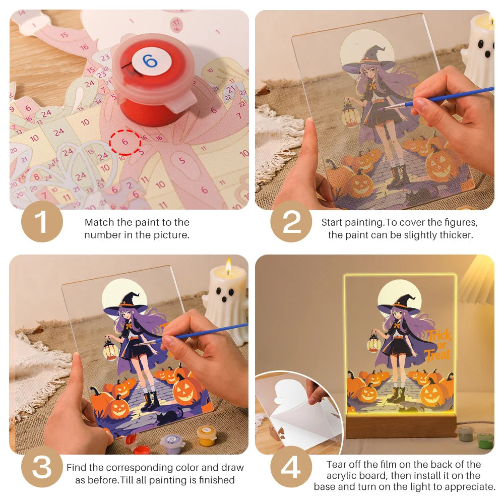 
Paint by Numbers - Halloween Light | Witch with Lantern at Full Moon